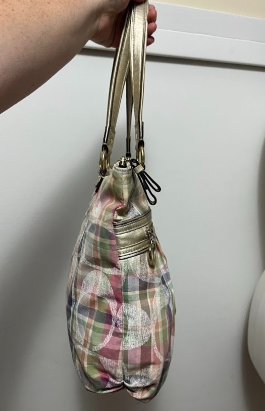 Y2K Coach Poppy Daisy Madras Plaid Gold Leather Signature Tote Style No F21956