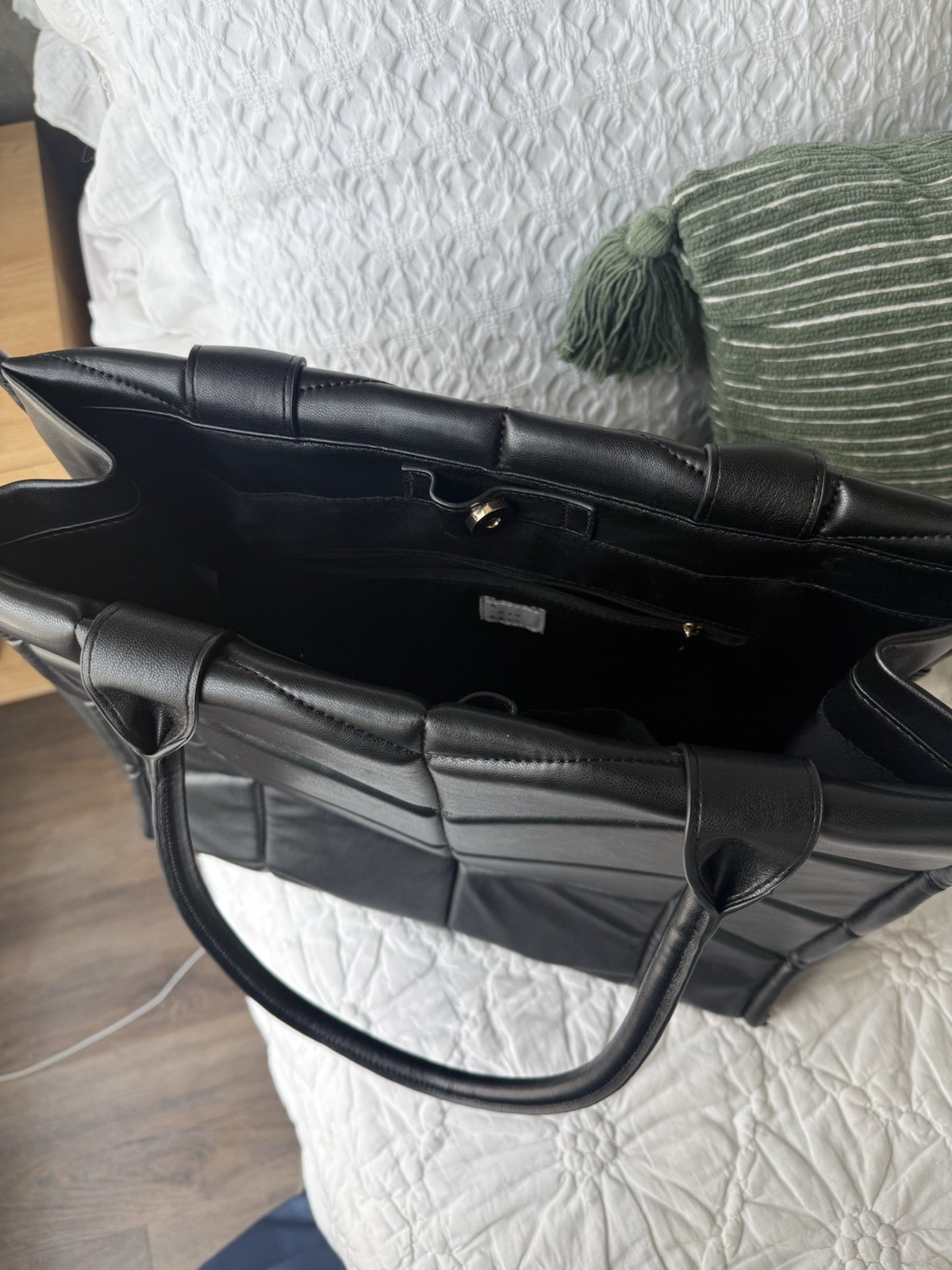 Black Patterned Tote Bag with Side Pockets and Magnetic Closure