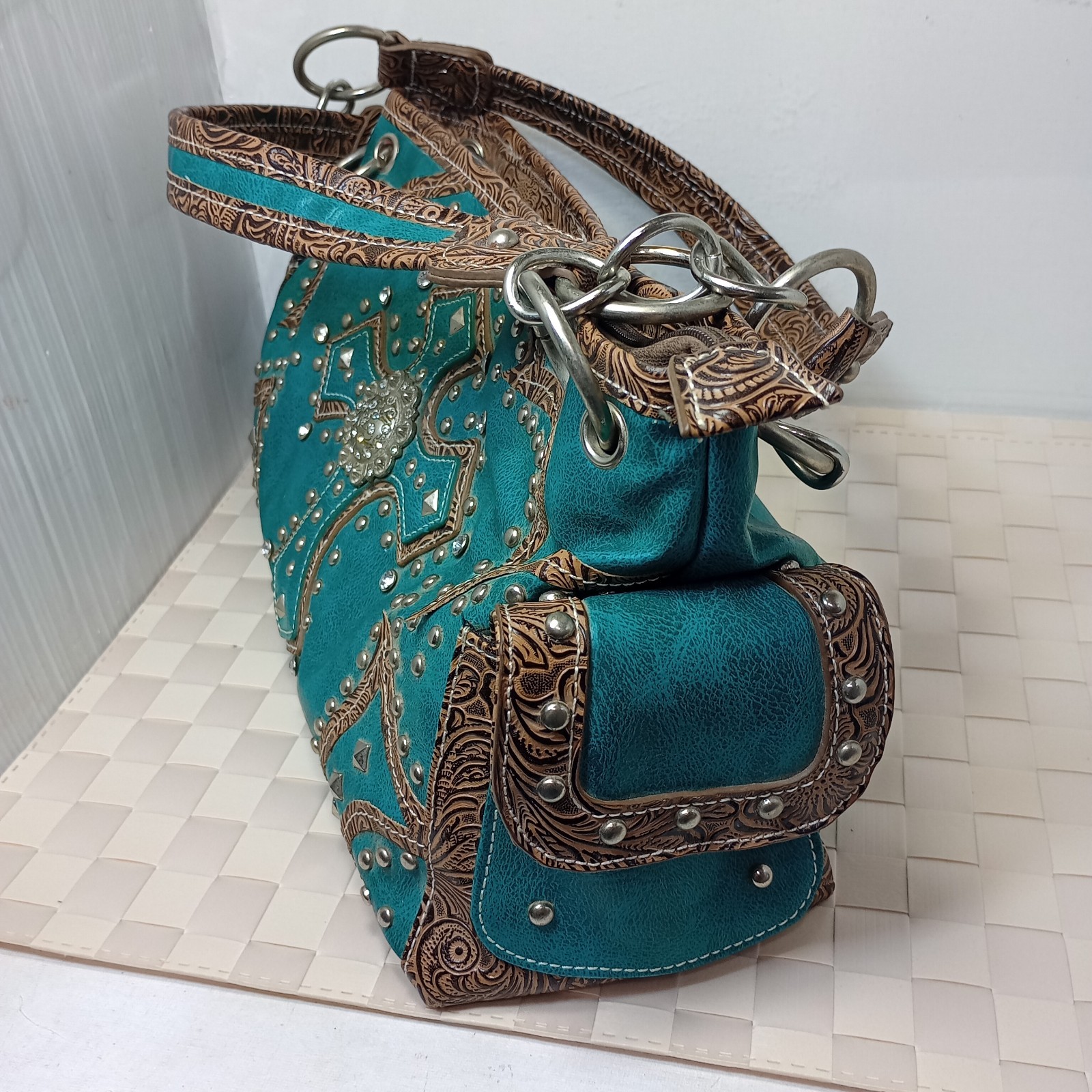 BHW Cowgirl Turquoise-Rhinestone-Cross- Shoulder Handbag with Decorative Wallet