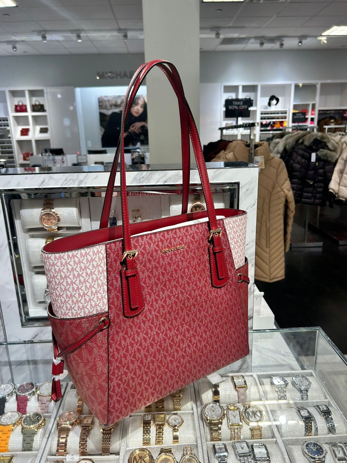 Michael Kors Voyager Large MK Signature Handbag Shoulder Tote Bag Cherry Purse