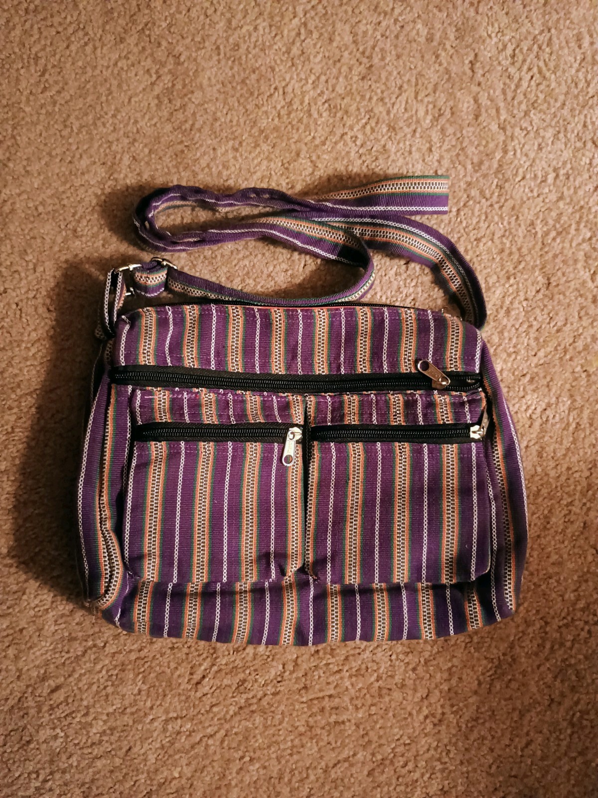 Purse Women’s Striped 5 Zipper Compartments Adjustable Strap 9in depth 11in Wide