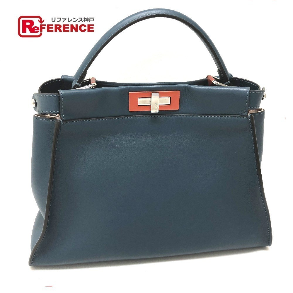 FENDI Peekaboo Regular Shoulder Bag Leather Blue 13.2 x 9.6 x 4.9 in