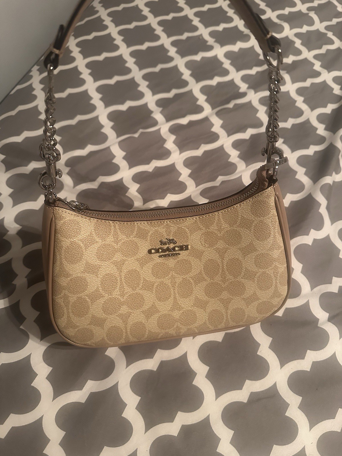 COACH CV933 Teri Shoulder Bag In Signature Canvas Silver/Sand/Taupe