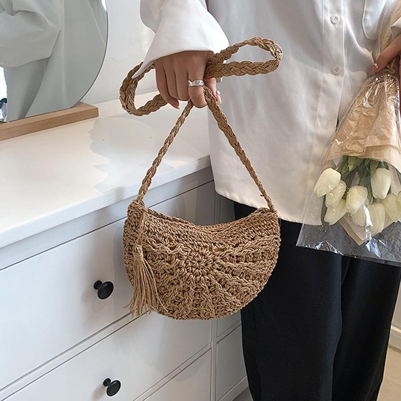 Fashion Semicircle Straw Woven Shoulder Crossbody Bag Travel Small Handbag Ladie