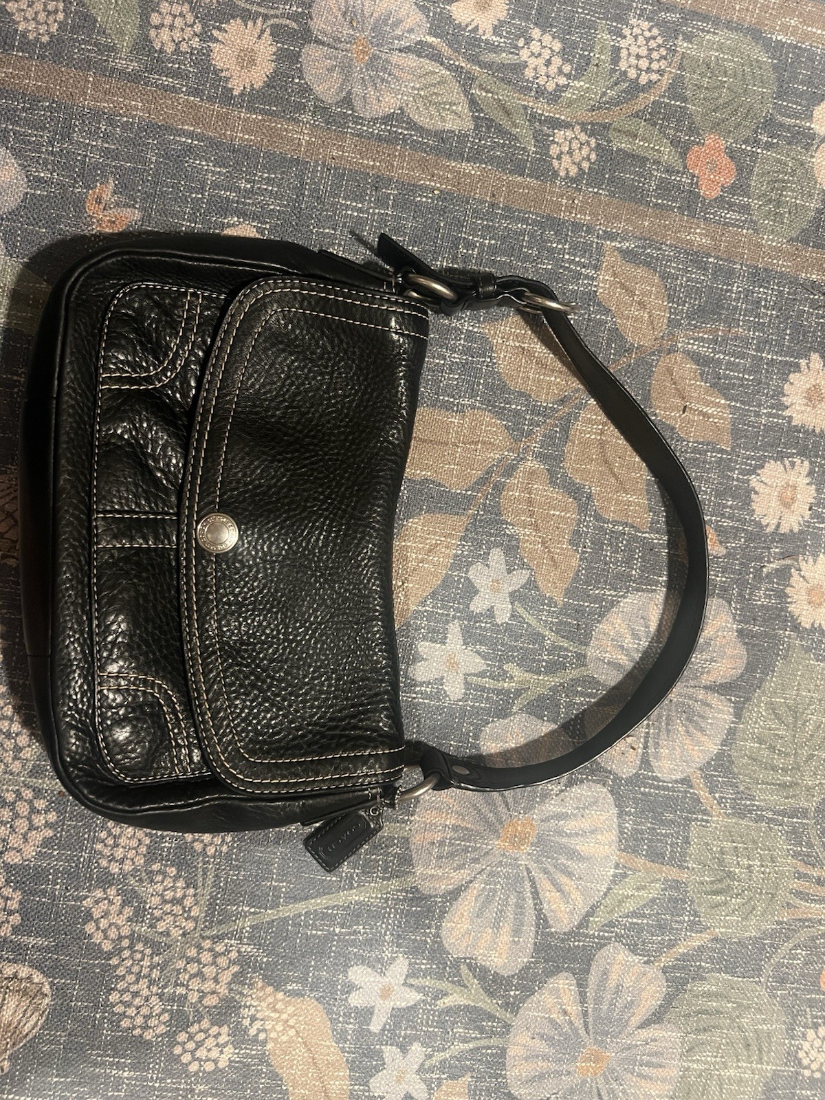 Coach Black Pebbled Leather Shoulder Bag Stitching Logo Tag Snap Zip Pockets