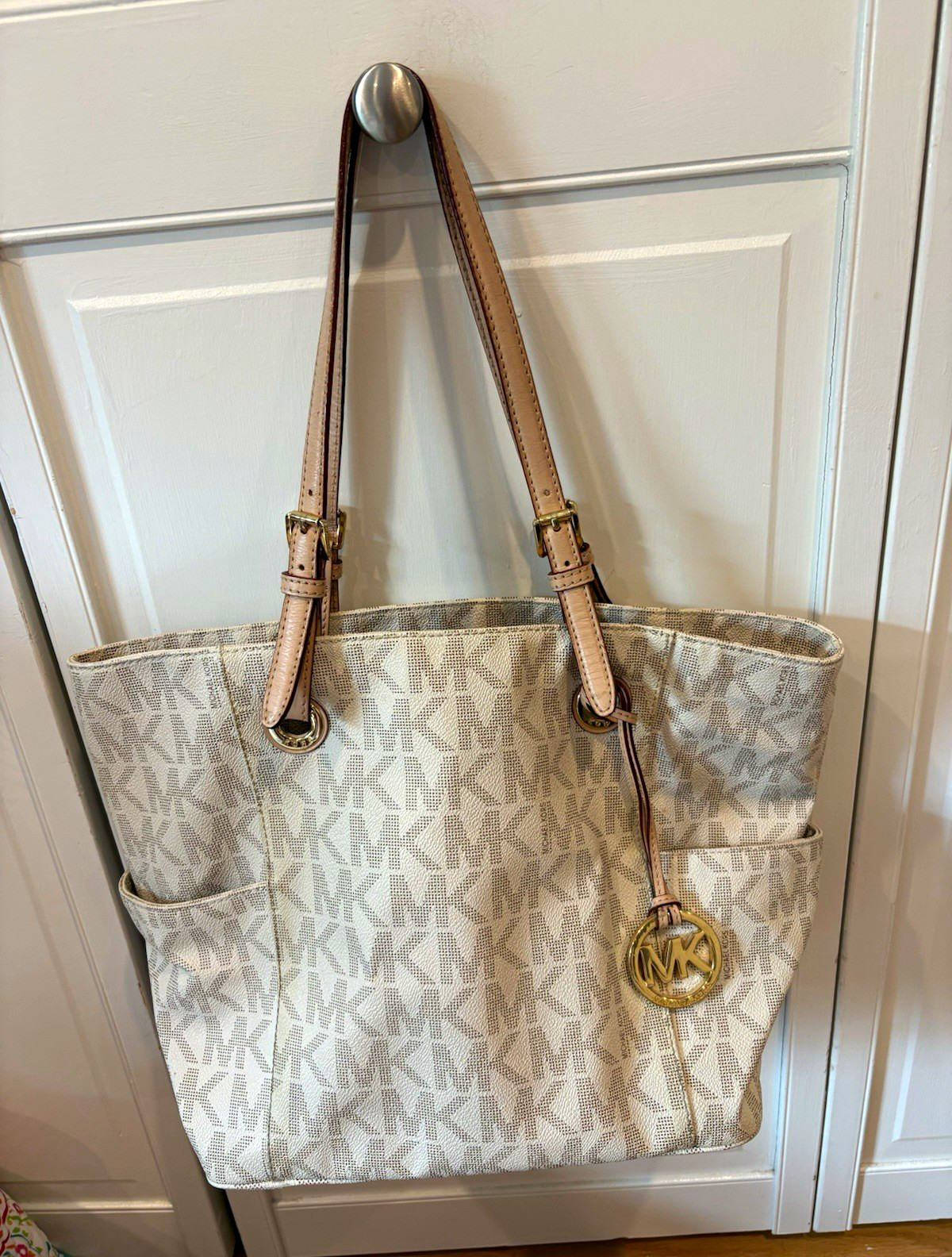 Michael Kors Signature Monogram Large Tote Beige/White Tan Straps Gold Charm