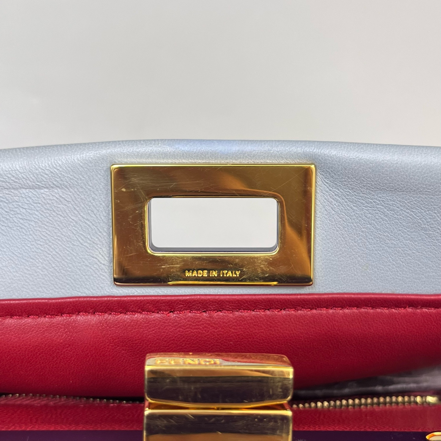 Authentic Fendi Peekaboo Sheepskin Leather Top Handle Bag Light Blue Gold-Tone