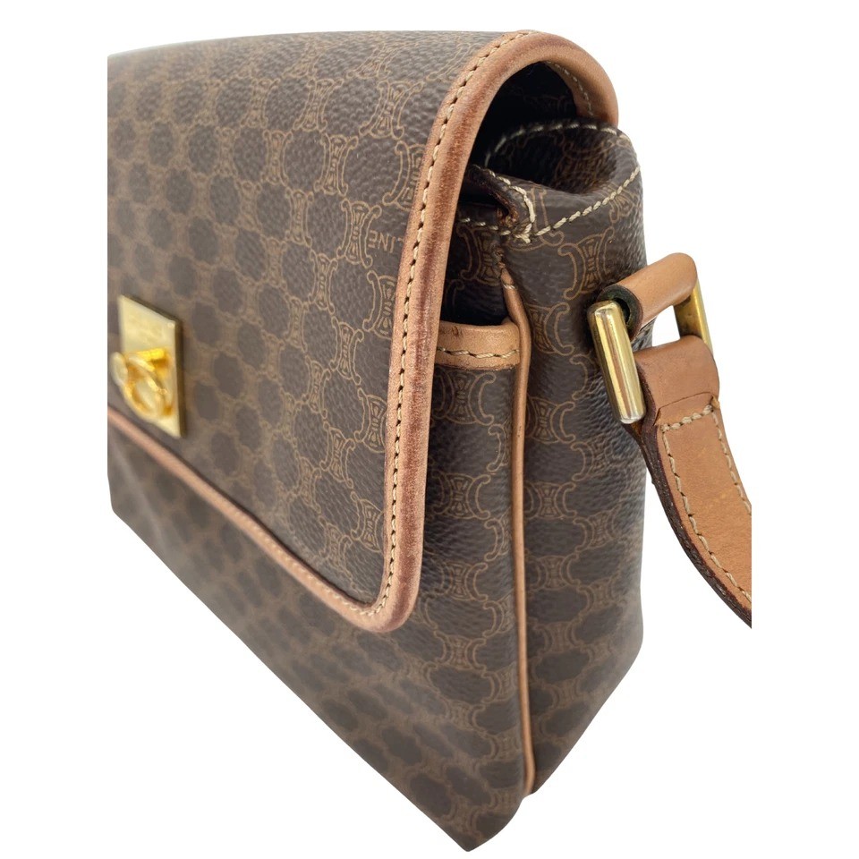 CELINE Vintage Shoulder Bag Macadam Circle Hardware PVC Leather Brown Authentic