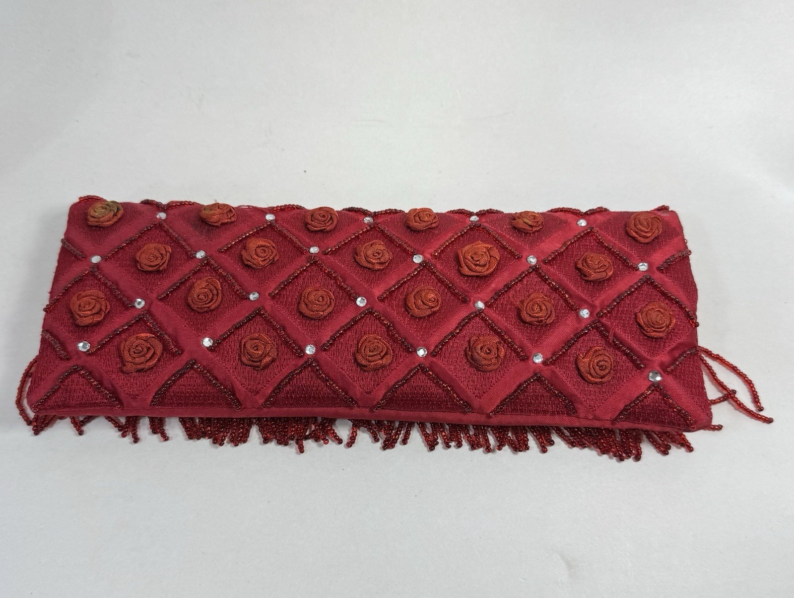 Suzy Smith Red Clutch Purse Evening Bag Fabric Rose Bead Embellished Vtg 10” R75