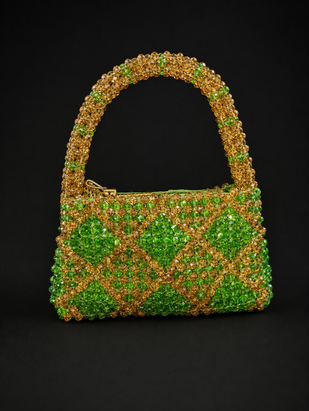 Beaded Shoulder Bag Green and Gold, Bridal Purse, Evening Handbag, fancy Clutch