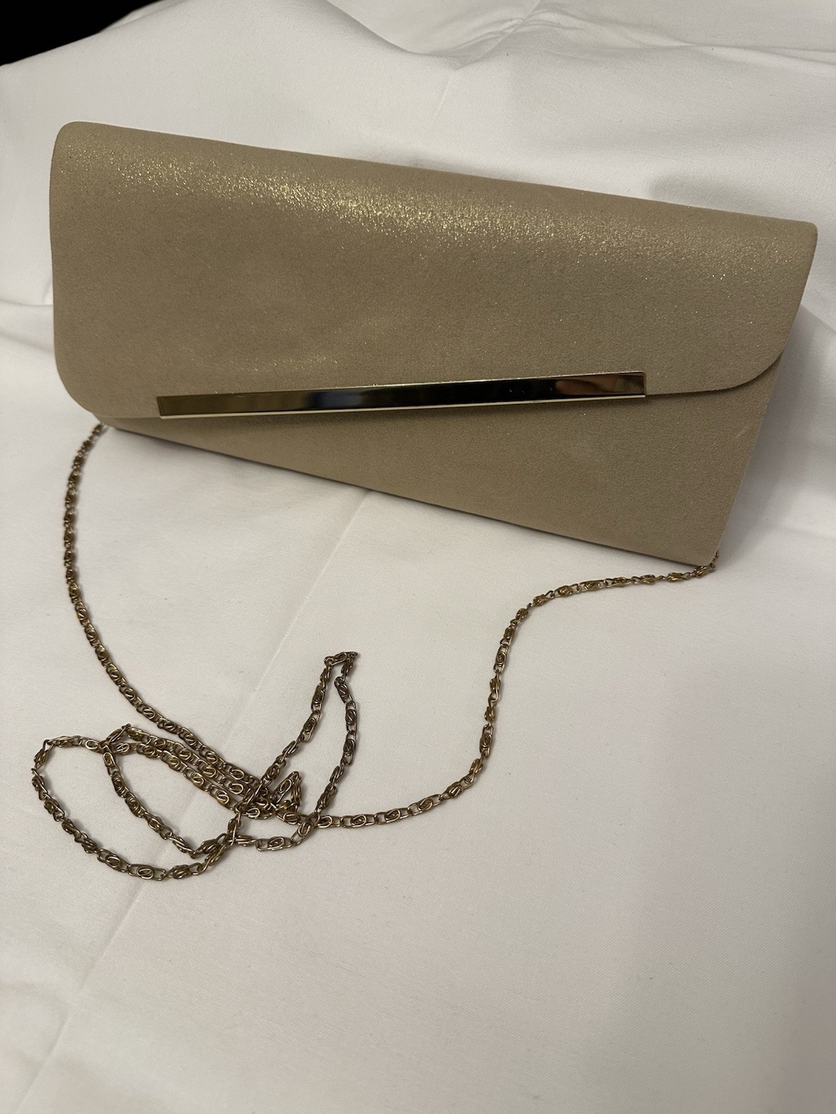 Beige Clutch with Gold Chain Strap, Metal Bar Accent, Detachable Strap