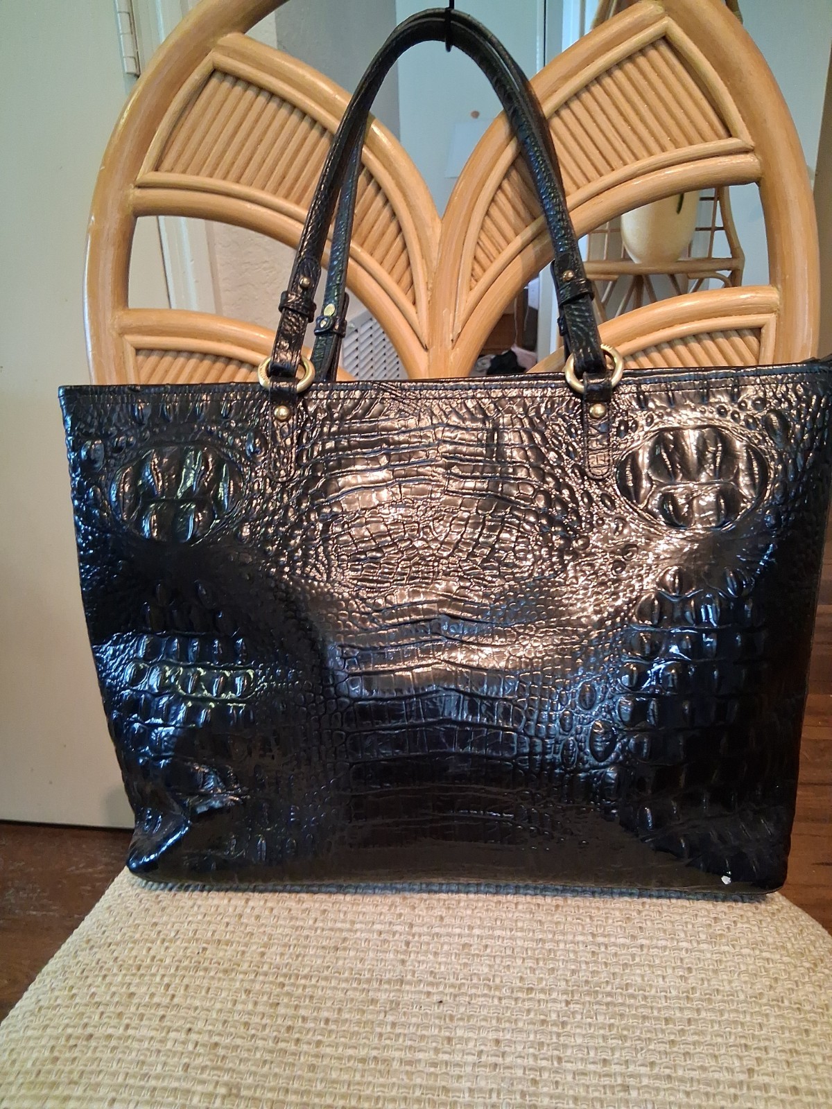 Brahmin Large Croc Embossed Asher 2 Handle Tote Bag in Black