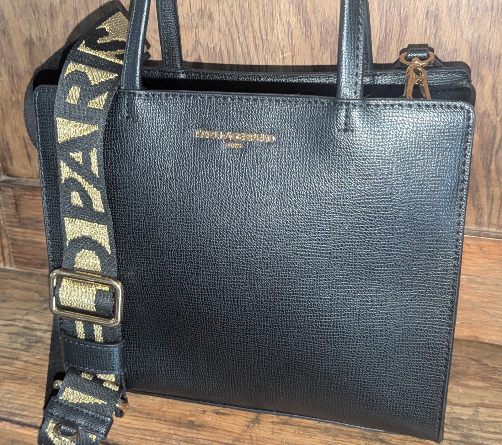 KARL LAGERFELD PARIS Black & Gold MAYBELLE Crossbody Shoulder Bag Tote $198