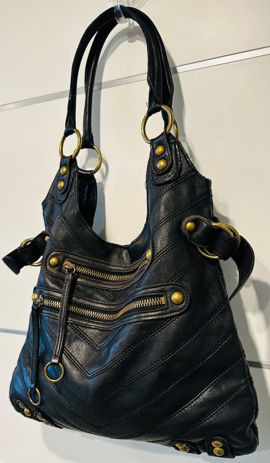 Y2K Linea Pelle Dylan Black Leather Multi Zip Hobo Bag Zebra Lining Dust Bag