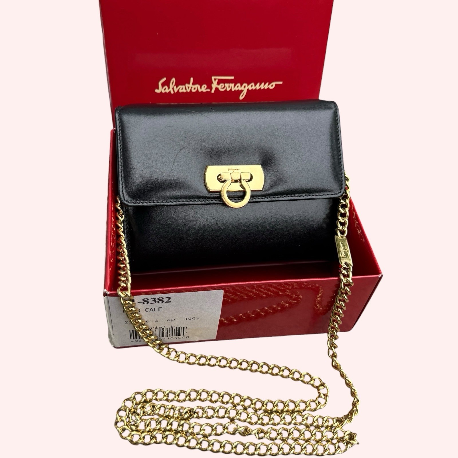 Salvatore Ferragamo Gancini 196 Nero Calf Black Shoulder Bag Gold Chain w/ BOX