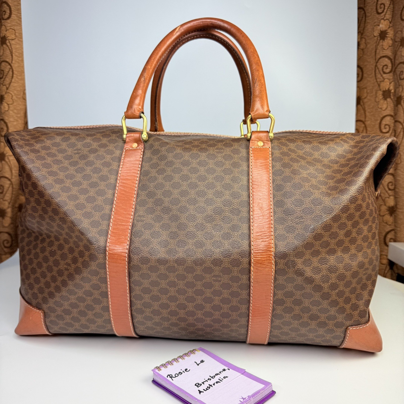 Auth Vintage CELINE Macadam Canvas Boston 48hrs Travel Duffle Bag Large