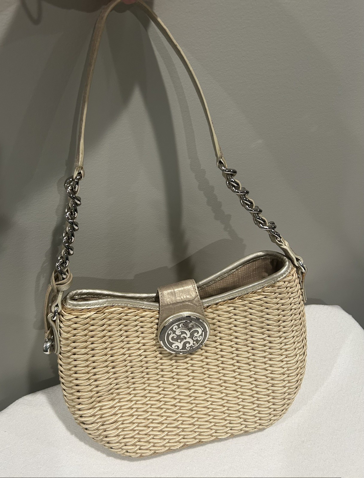 Brighton Jani Straw Chain Shoulder Bag Gold Silver Leather Strap