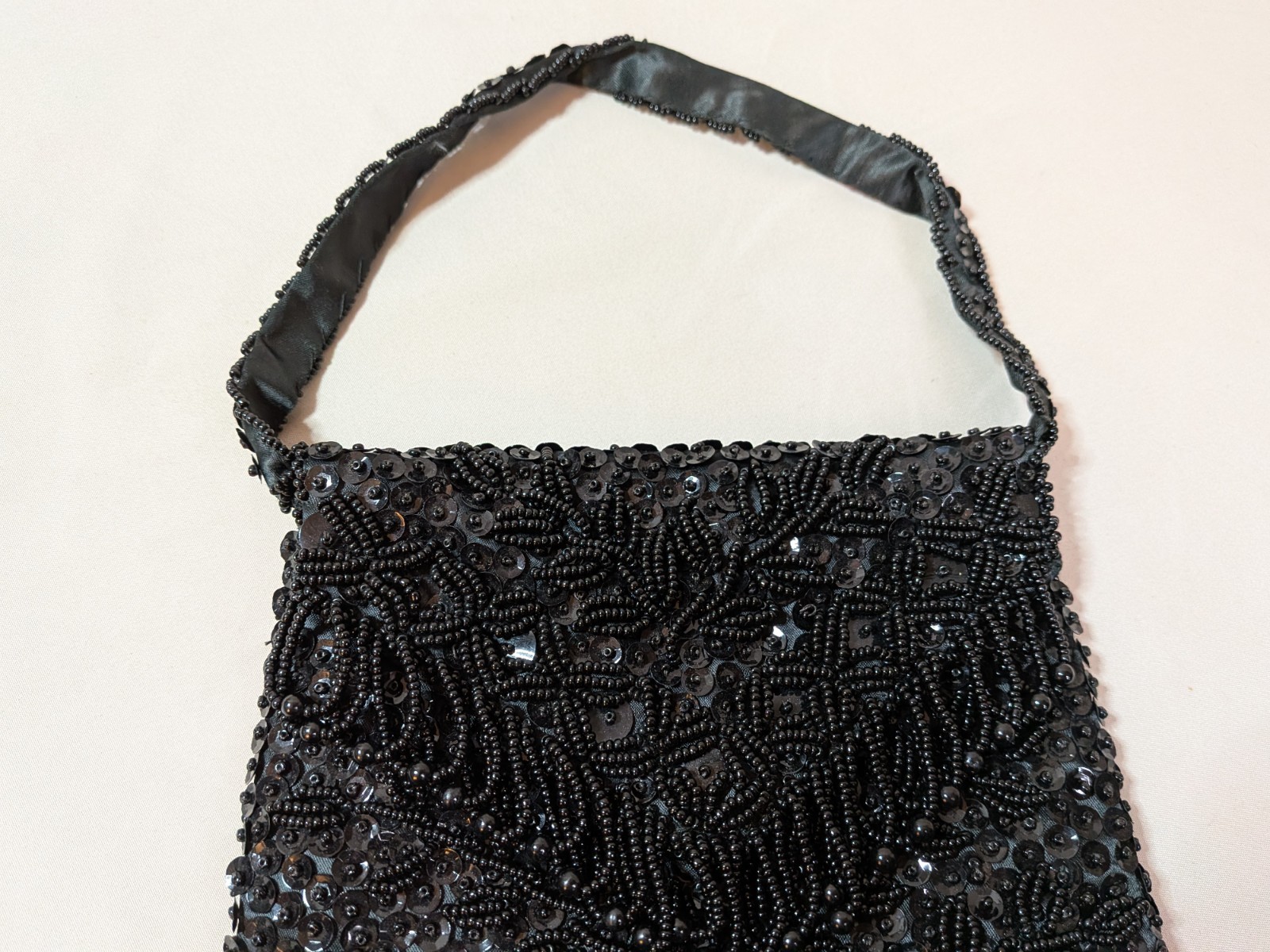 Small Black Purse Beaded Sequins Fringe Trim Flapper Hong Kong Evening Bag Prom