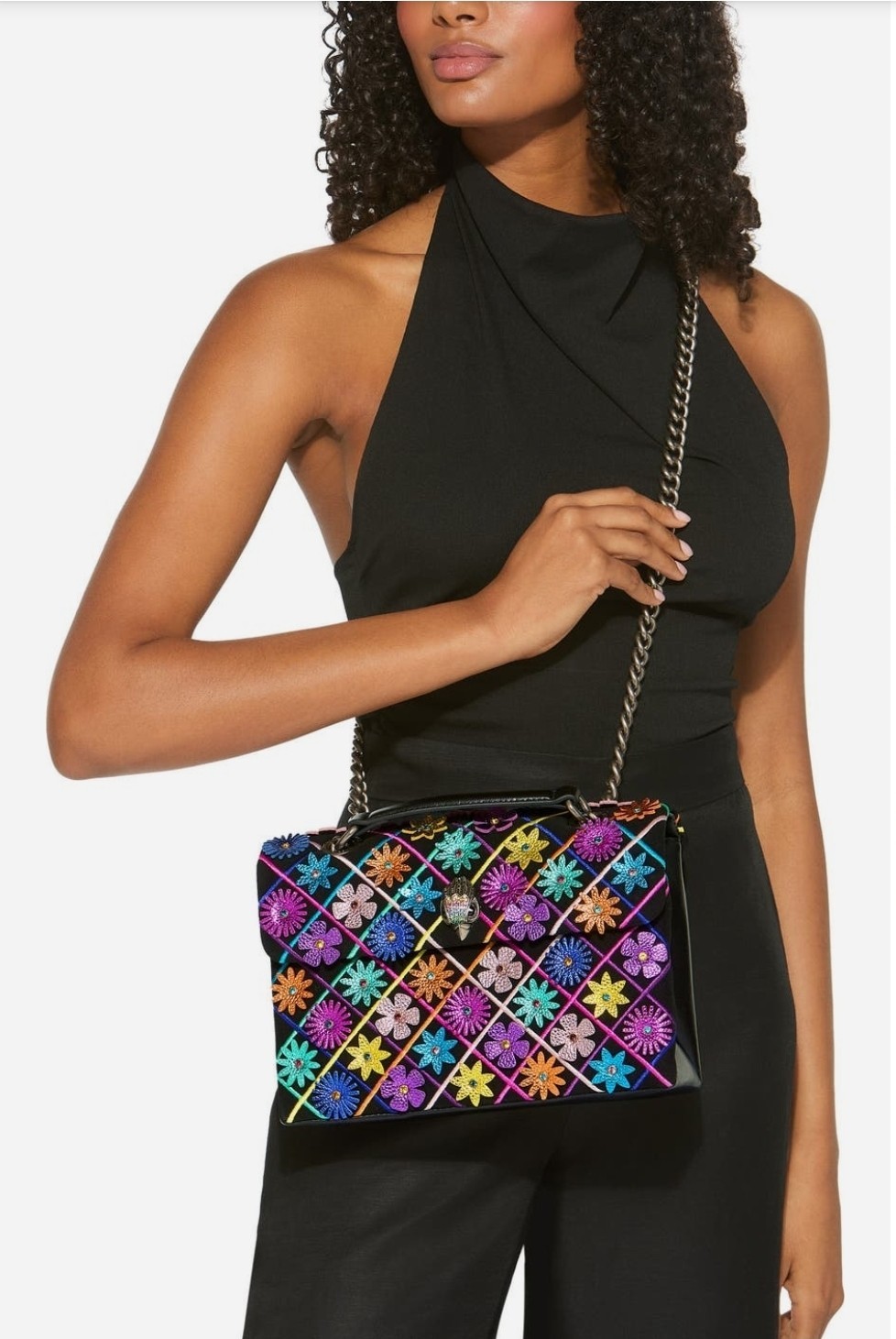 Kurt Geiger Black Multicolor Floral Embroidered Quilted Chain Strap Mag Clsps