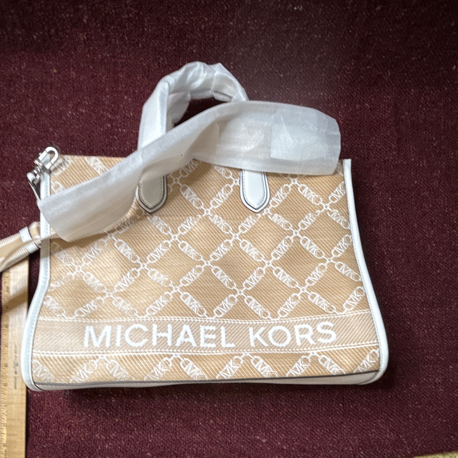 Michael Kors Beige/White Logo Small Satchel Top Handle Detachable Strap