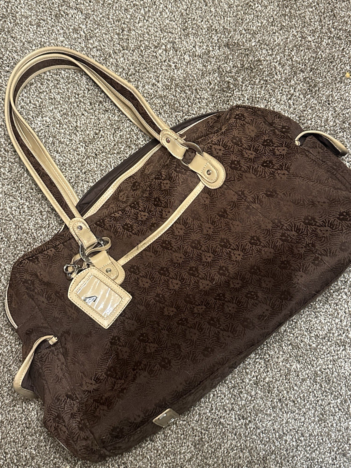 Anne Klein Brown Floral Tote Bag Beige Double Handles Zip Top Luggage Tag