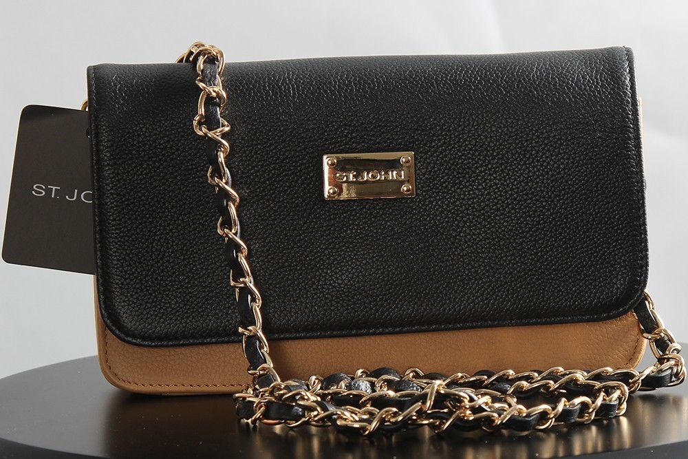 St John Knits Saffiano Leather Cross Body Bag Black/Biscuit NWT MSRP $700
