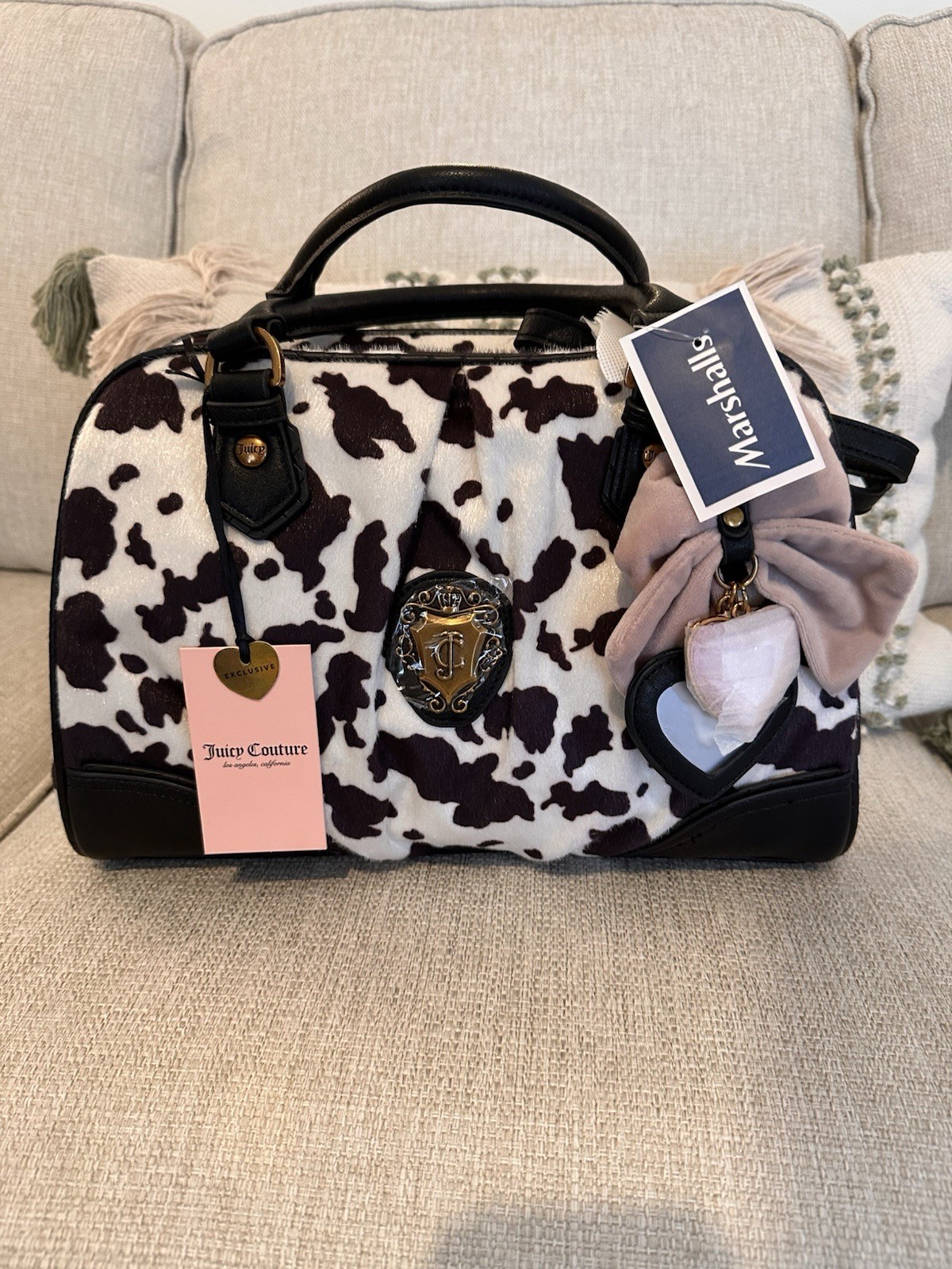 Juicy Couture Cow Print Satchel Top Handle Bag w Bow Heart Charm, Zip, Strap