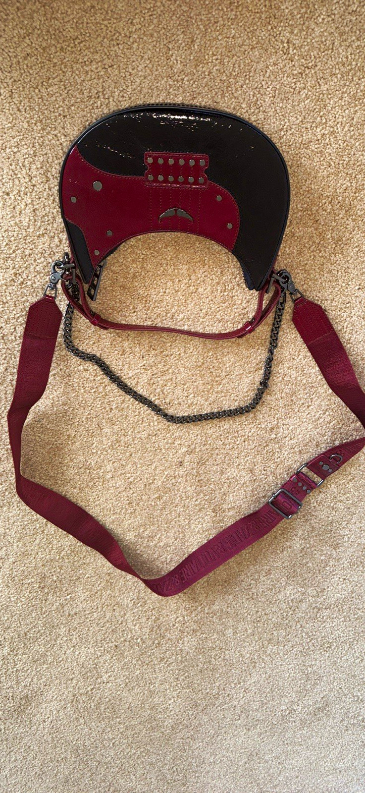 Zadig & Voltaire Small Crescent Crossbody Bag Burgundy/Black Chain Zip Dust Bag