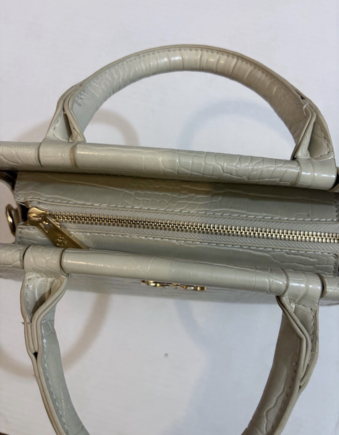 Christian Lacroix Ivory Croc Embossed Top Handle Satchel Handbag Purse EUC
