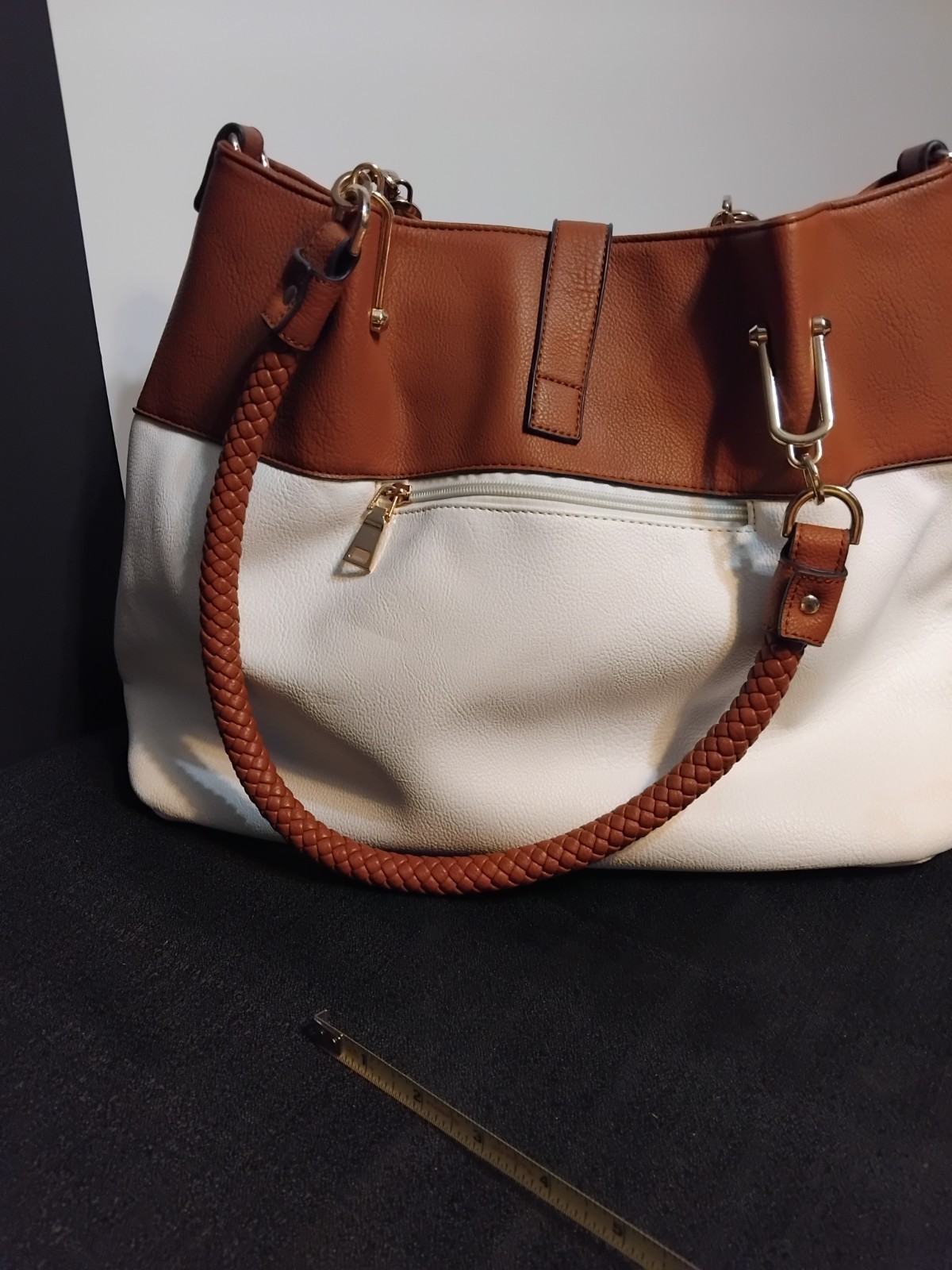 Black Rivet Purse 2-Tone White & Brown Double Handle Bag w/braided Handles