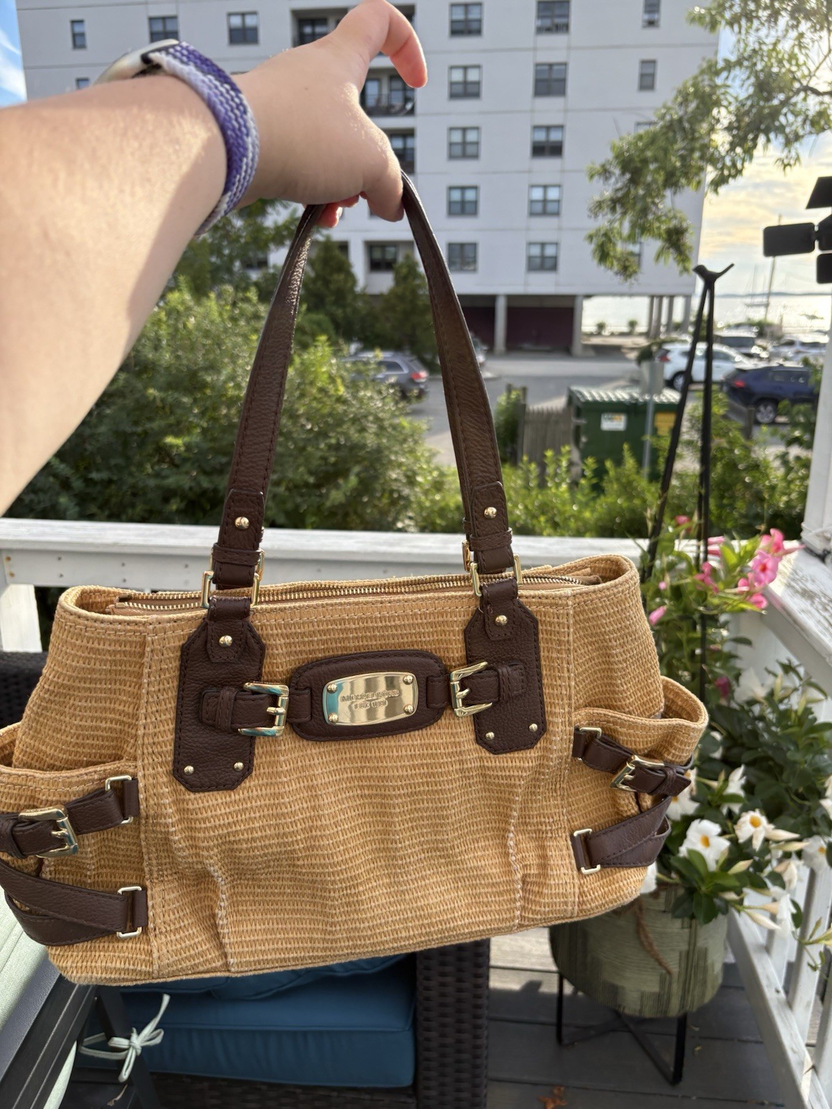 Michael Kors Hamilton Straw Satchel Bag Woven Raffia Brown Leather Trim
