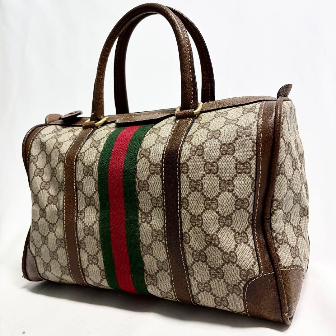 Gucci GG Supreme Boston Bag Web Stripe Leather Trim A4 Unisex Brown Beige 31.5cm