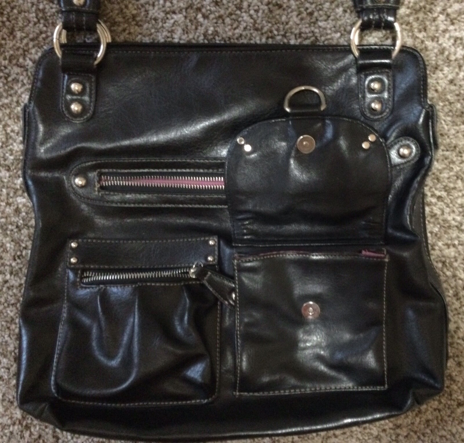 Black Vinyl Purse Unbranded Medium Purse 2 Straps Silver Hardware Pockets Lined