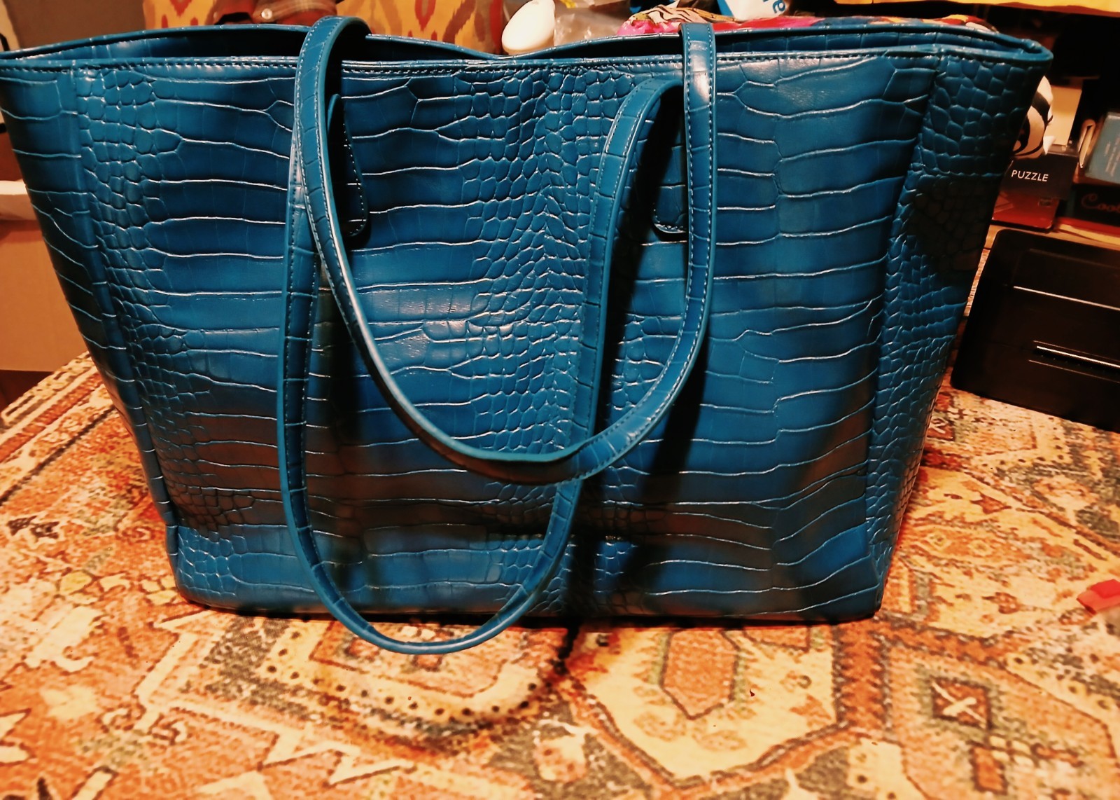 MKF Collection By Mia K Farrow Turquoise Blue Embossed Faux Croc Tote Bag