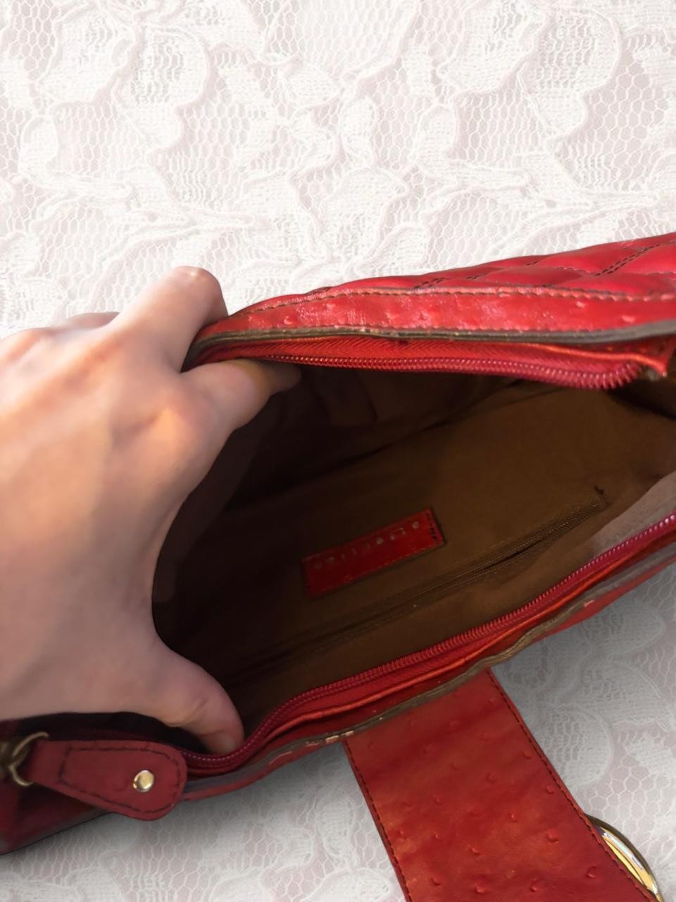 attention Red Quilted Crescent Shoulder Bag Zip Gold Hardware Ring Inner Pockets