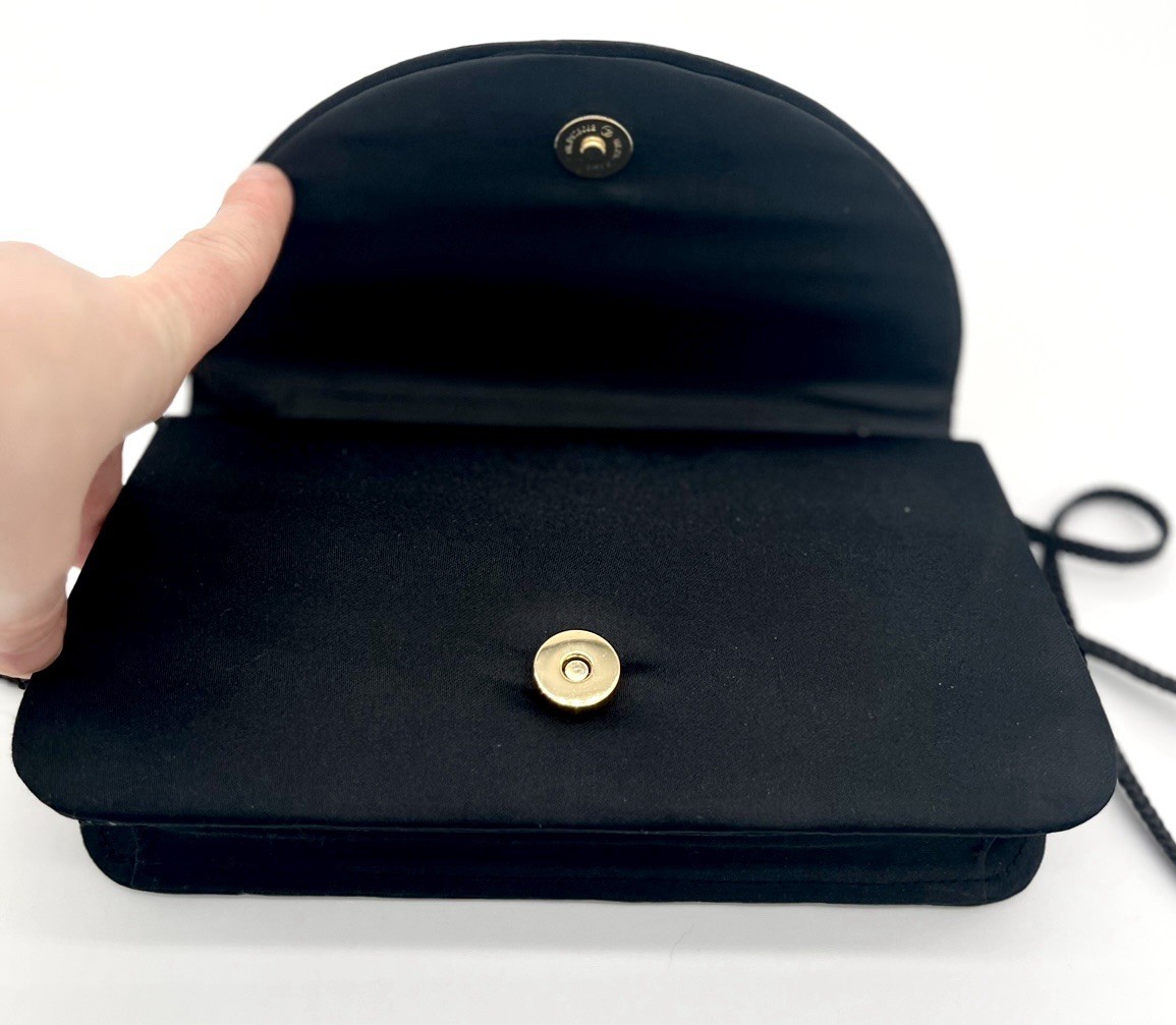 Black Satin Bow Clutch Handbag Cord Crossbody Strap Snap Closure Party Formal