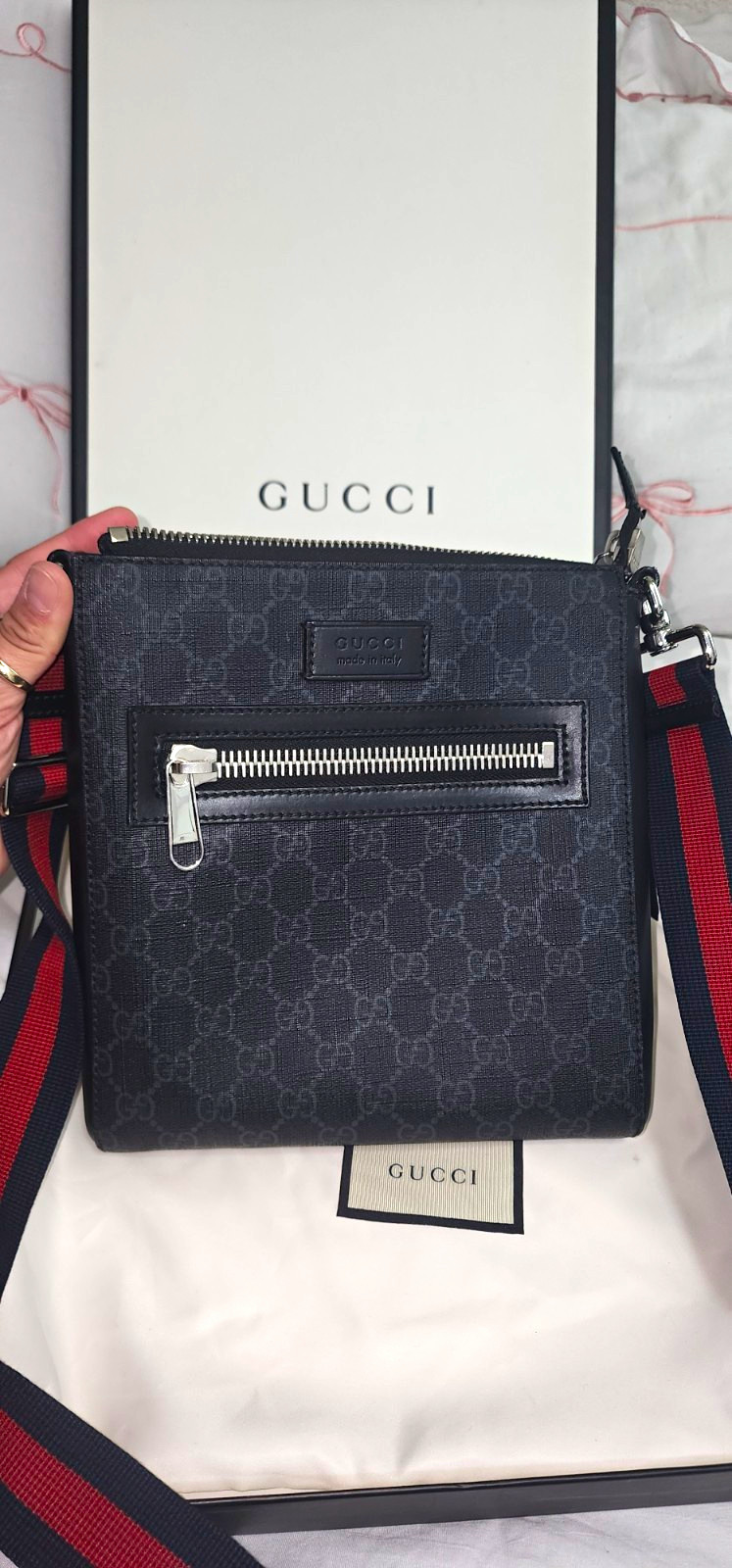 Gucci GG Black Crossbody Bag Zip Red/Blue Strap Silver Hardware Dust Bag