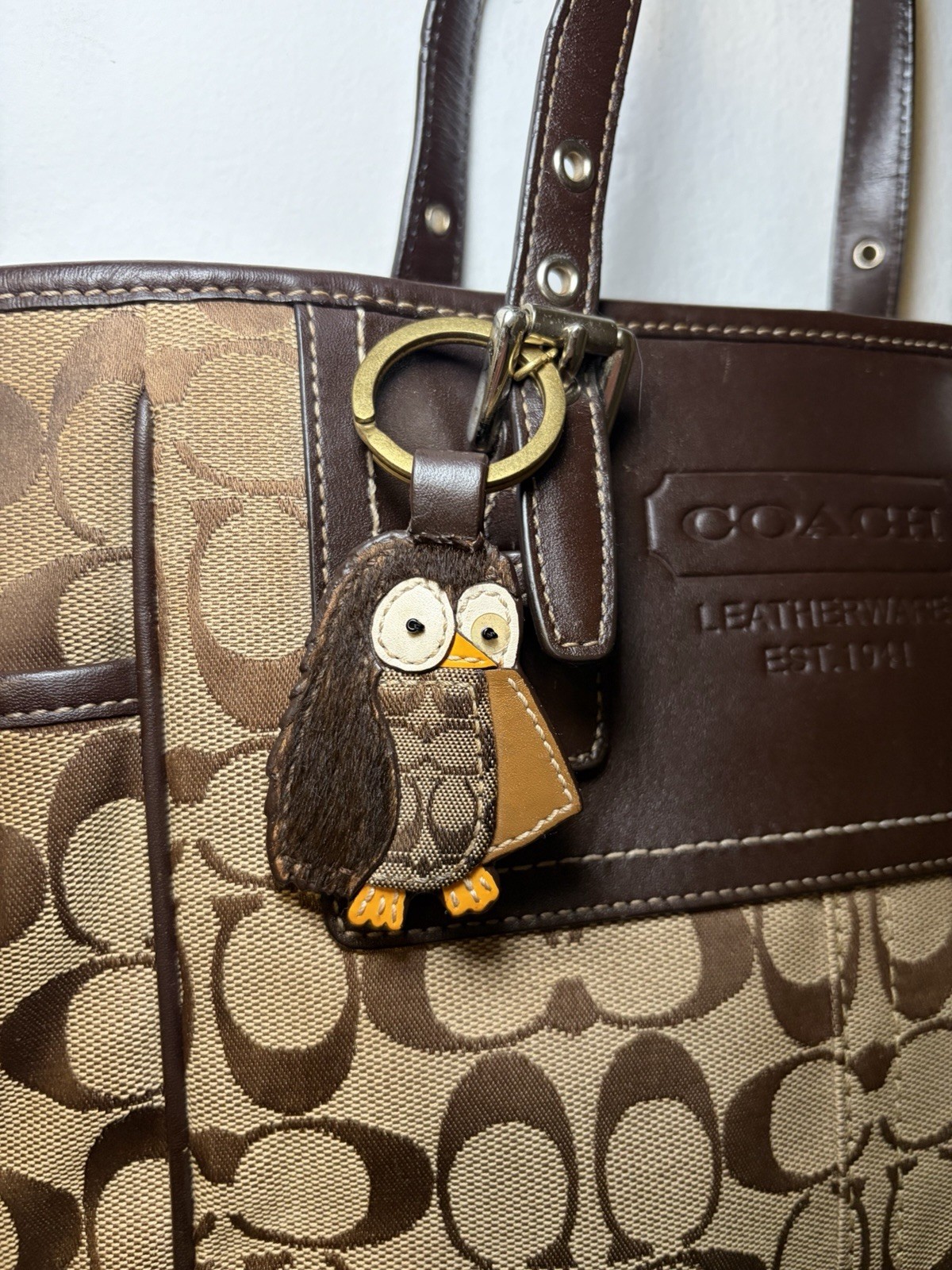 Coach Signature Logo Medium Tote Shoulder Bag Brown Beige Owl Charm