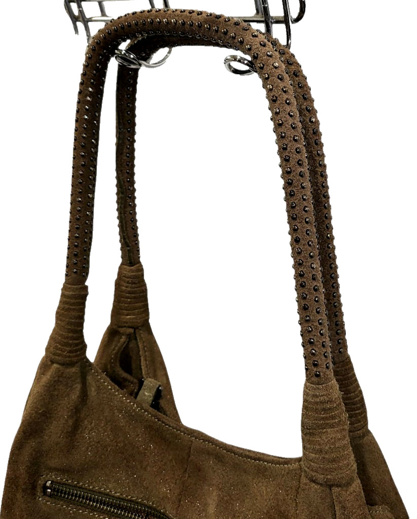 DAN AZAN Double Handle STUDDED METALLIC GREEN w POUCH Shoulder Tote Handbag Med