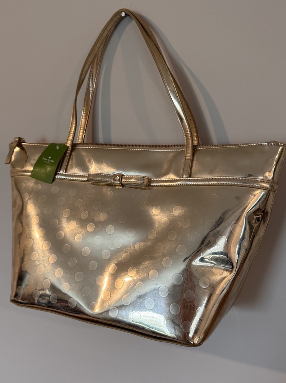 NWT Camellia Street Sophie Kate Spade NY Metallic Gold Polka Dot Large Tote Bag