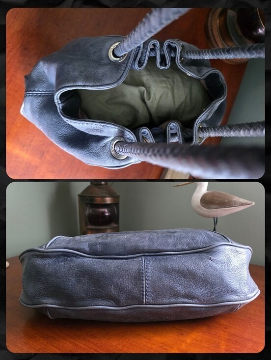 Michael Kors Braided Handle Hobo Bag Slate Blue Navy Pebbled Leather Tassel