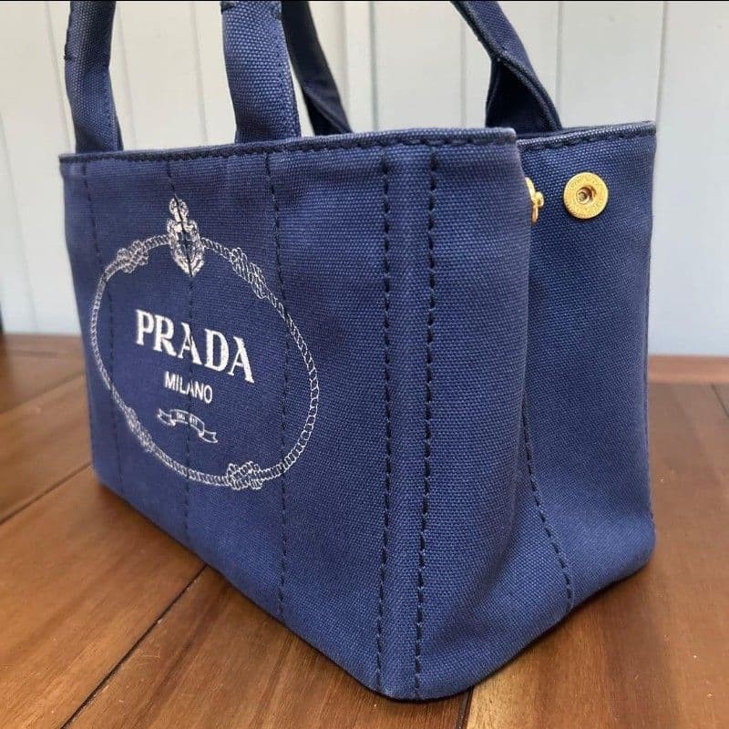 PRADA Canapa Tote Bag Navy Canvas Handbag Shoulder Strap Included Triangle Logo