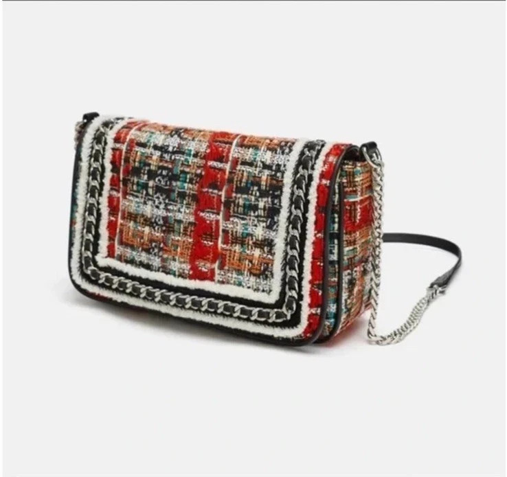 ZARA WOMAN Silver chain & multicolored Tweed BAG long Strap Black Red Blue