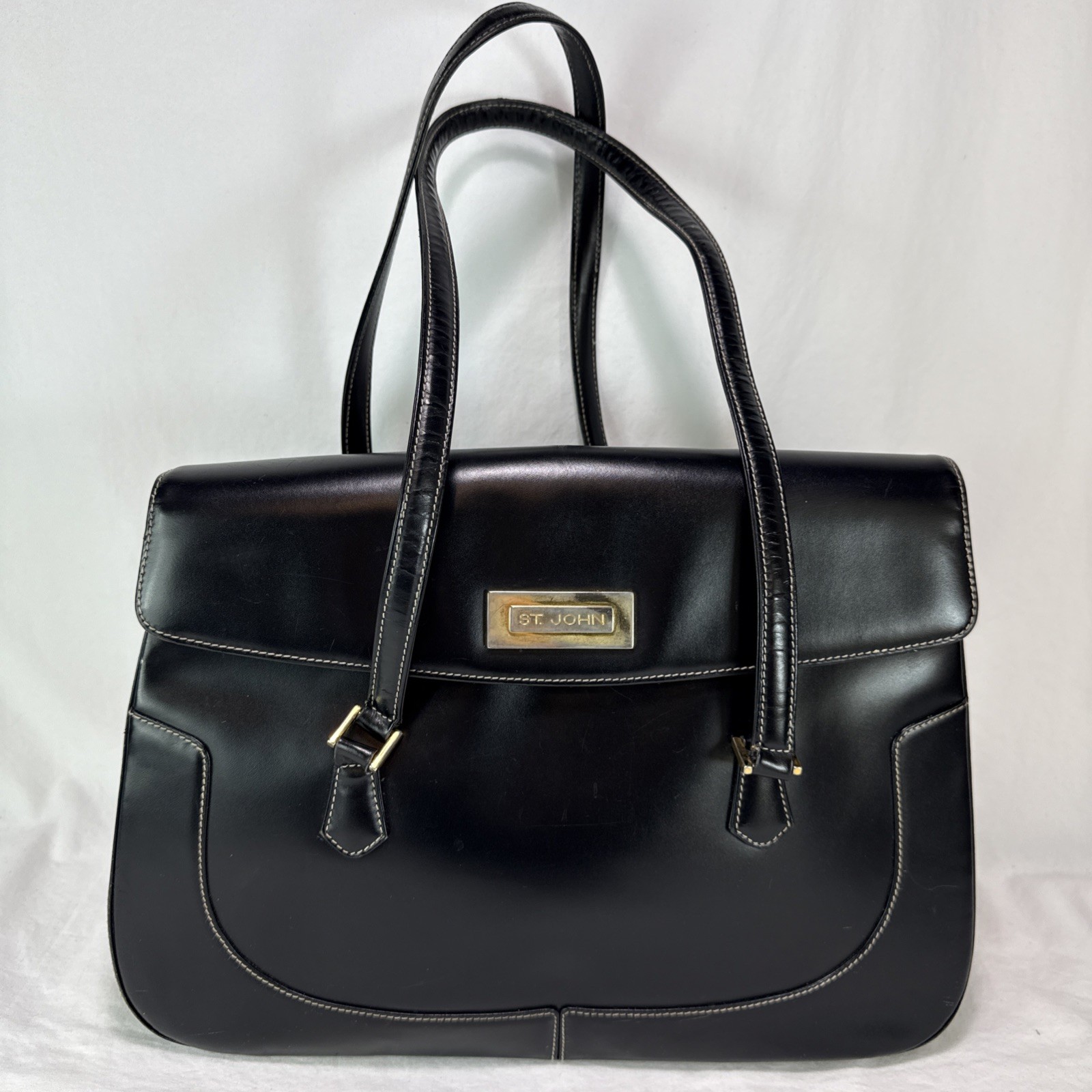 Vtg St. John Black Leather Shoulder Bag Purse Minimalist Gold Hardware Italy