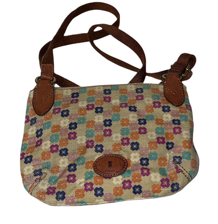 Fossil Crossbody Bag Fabric Canvas Multicolor Floral Leather Trim