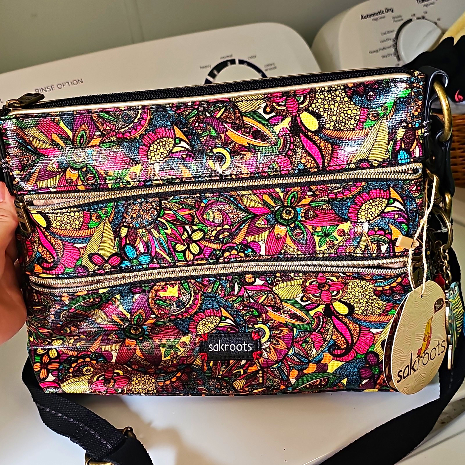 Sakroots Artist Circle Multicolor Floral Crossbody Bag Zip Tassel Charm
