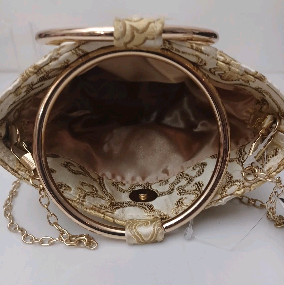 Prezzo Champagne Gold Tapestry Evening Handbag Round Handles Shoulder Chain NWT