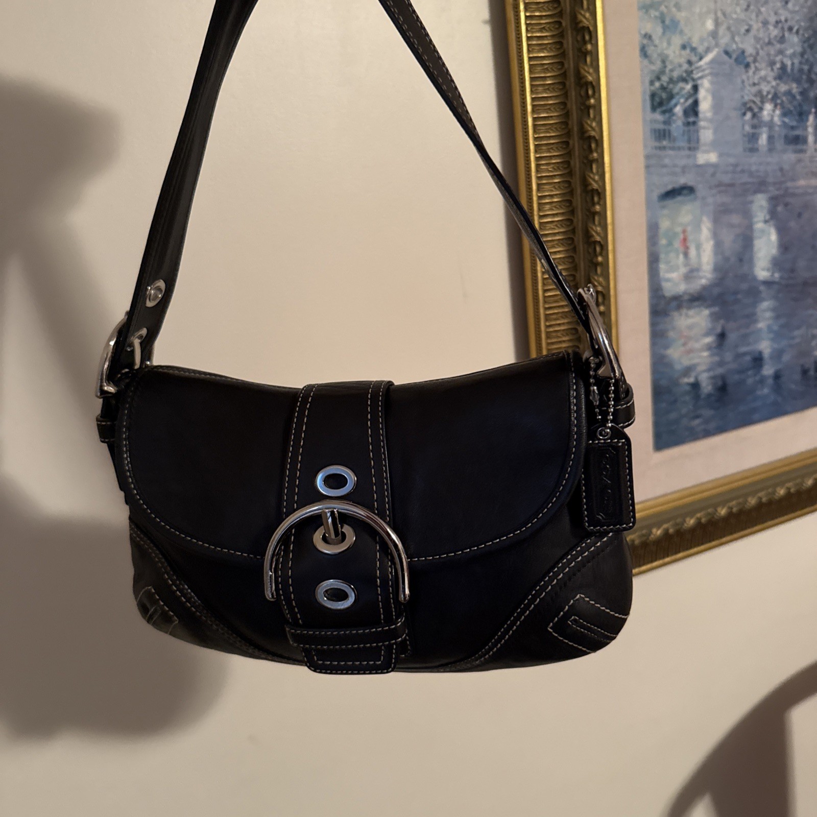 Coach Soho Buckle Flap Black Small Leather Shoulder Bag Purse Hobo Y2K # F10188
