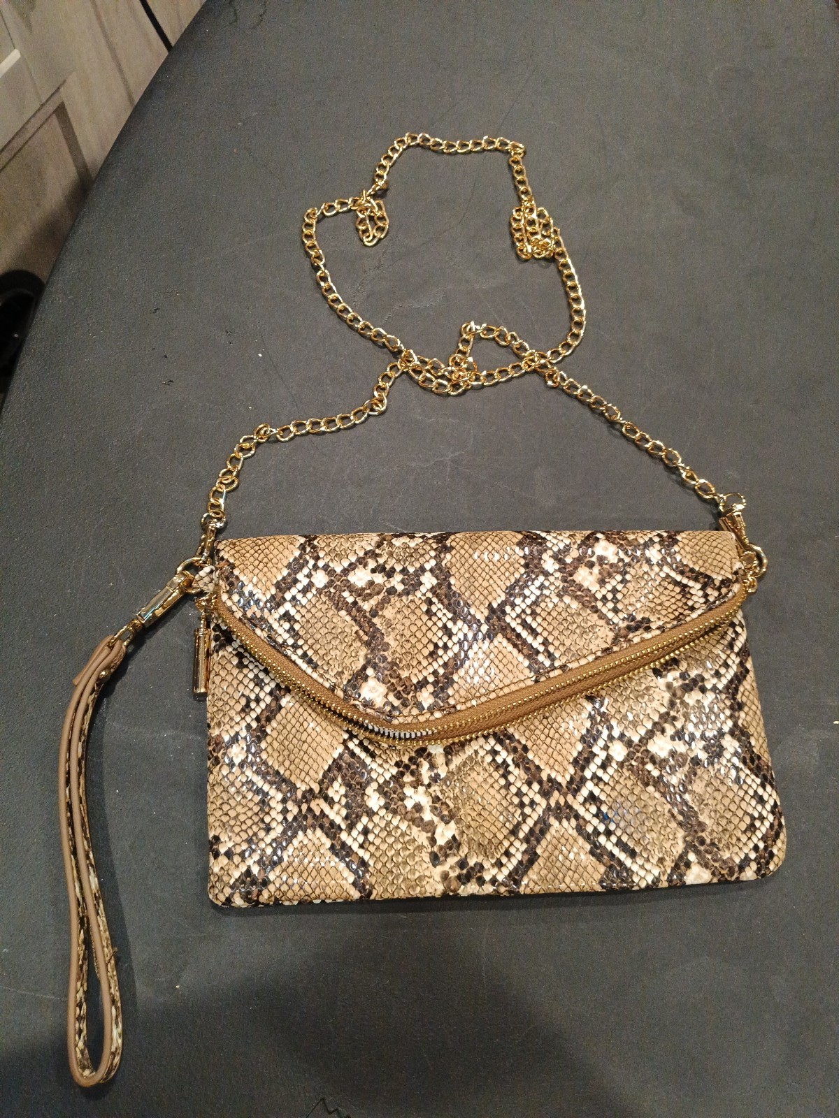 Small Snake Skin Print Purse with Gold Accent Chain Shoulder Strap