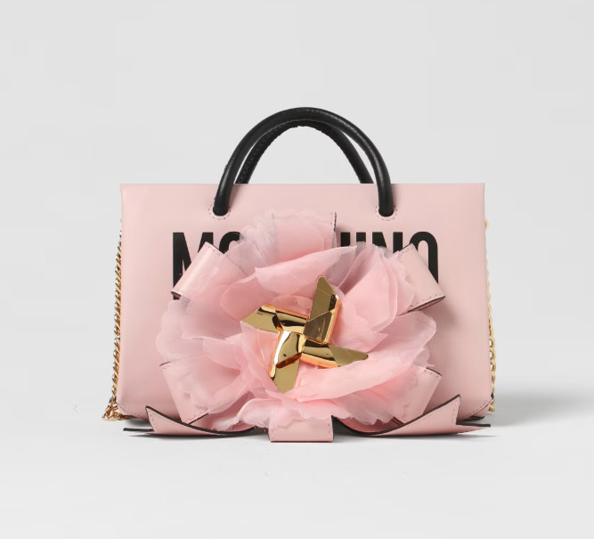SS24 MOSCHINO Couture 40 Pink Leather Shopper Floral Pink Ribbon Chain Crossbody